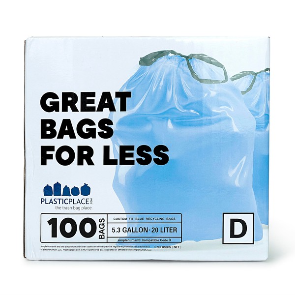 Plasticplace Custom Fit Trash Bags, Simplehuman (x) Code D Compatible, Tinted Blue Drawstring Garbage Liners 5.3 Gallon, 15.75" x 28", 100 Count