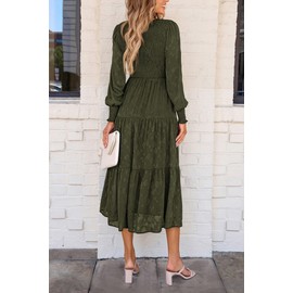 PRETTYGARDEN Women's Fall Spring Midi Dress Long Sleeve Floral Smocked Elegant Wedding Guest Long Flowy Dresses with Pockets (Army Green,Medium)