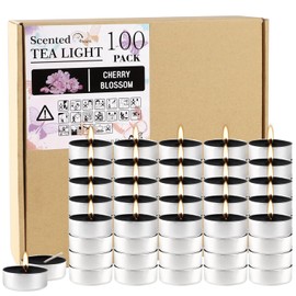 4 Hour Scented Tealight Candles 100 Pack, Cherry Blossom Votive Candles Set for Home Scented, Fragrance Candle for Restaurant Dinner Weddings Baby Showers（Black）