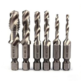 ZHICHUANGW [Tap Drill Set] Drill Tap, Torsion Tap Set, 6-Piece Set, Silver, High Speed Steel, Hex Shank, Chamfer Tap, M3, M4, M5, M6, M8, M10, Drill Set, Tap Set for Metal Processing