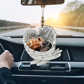 Talataca Yorkshire Terrier 2D Flat Car Ornament & Wood Beads, Yorkie Sleeping in Angel Wing Beaded Rear View Mirror Accessories, Rearview Hanging Charm, Christmas Tree Decor Gift for Dog Mom Dog Dad