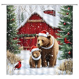 Winter Christmas Bear Shower Curtain, Rustic Cabin Wildlife, 70 x 70 Inch
