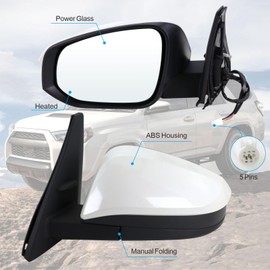 Lqito Left Driver Side Mirror Compatible With 2014-2025 Toyota 4Runner With Manual Folding Power Glass Heated White Replace#87940-35B60 TO1320312(5Pins)