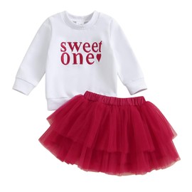 XIXIMAON Infant Toddler Girls Birthday Outfits Sweet One Embroidery Long Sleeve Jumper Sweatshirt Tulle Tutu Skirt Set My First Birthday Skirt Outfits (Red, 6-12 Months)