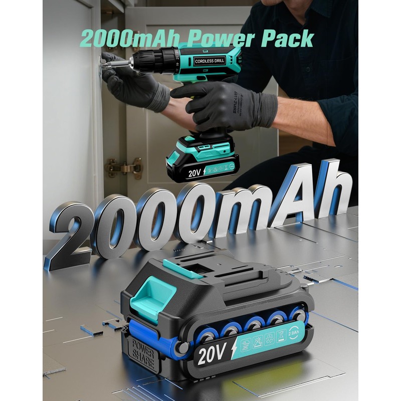 Cordless Drill, 20V MAX Power Drill Set with 2.0Ah Power