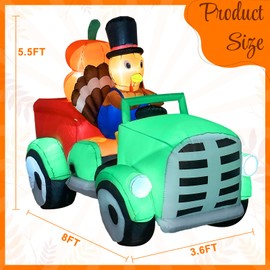 AerWo 8FT Thanksgiving Inflatables Turkey Outdoor Decorations, Blow Up Turkey Inflatable Driving Car Built-in LED Lights for Happy Thanksgiving Party Outside Yard Garden Holiday Autumn Fall Decor