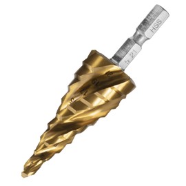 Invincible 4-Blade Step Drill, 0.2 - 0.8 inch (5 - 21 mm), 9 Steps, 0.25 inch (6.35 mm), Hexagonal Shank, Bamboo Shoot Drill, Spiral Drill, Titanium Coating, HSS Ultra Hardness, For Metal Plates, For