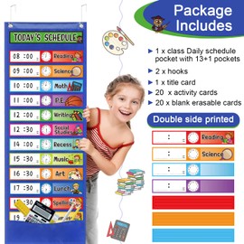 Daily Schedule Pocket Chart Kit,40 Bright Attractive Double-Sided Reusable Erasable Cards,1 Title Card,13+1 Scheduling Pocket Chart with 2 Hangers for Classroom Office Home Preschool Learning (Blue)