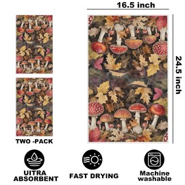 2Pcs Fantasy Mushroom Kitchen Towels, Fall Maple Leaves Decorative Absorbent Microfiber Dish Cloth Tea Towel, Durable Hand Towels for Farmhouse Home Bathroom Kitchen, Mushroom Gifts