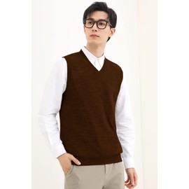 ZHILI Mens V-Neck Knitted Sweater Sleeveless Pullover Knitwear Vest Solid Plain Loose Fit All Match Sweater_Chocolate_Medium