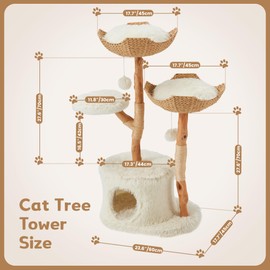 BUPPLEE Aesthetic Cat Tree, Wood Cute Cat Tree Tower with Scratching Post, Modern Cat Condos with Jumping Platforms and 2 Cat Beds, Luxury Cat Stand Pet Play House, Cats Furniture for Large Cats White
