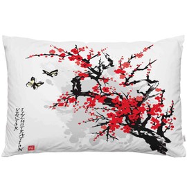 EKOBLA Throw Pillow Cover Japanese Flowers Cherry Branch Blossoming Tree Butterflies Animal Ink Paint Decor Lumbar Pillow Case Cushion for Sofa Couch Bed Standard Queen Size 20x30 Inch