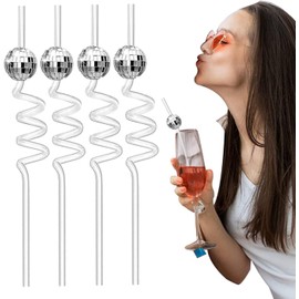 24 Piezas Pajitas de Discoteca, BetterJonny Reutilizables Pajitas de Bola de Discoteca Mini Bola de Discoteca Pajitas Decorativas Pajita Espiral de Bola Reflectante para los años 70 Fiesta, Plateadas