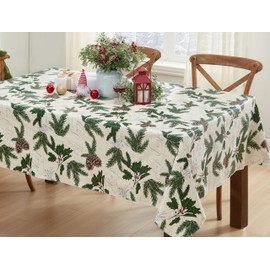 Newbridge Joyful Holly Country Rustic Vinyl Christmas Tablecloth with Flannel Backing, Holly and Berries Winter Holiday Vinyl Flannel Back Tablecloth, 60 Inch x 102 Inch Oblong/Rectangle