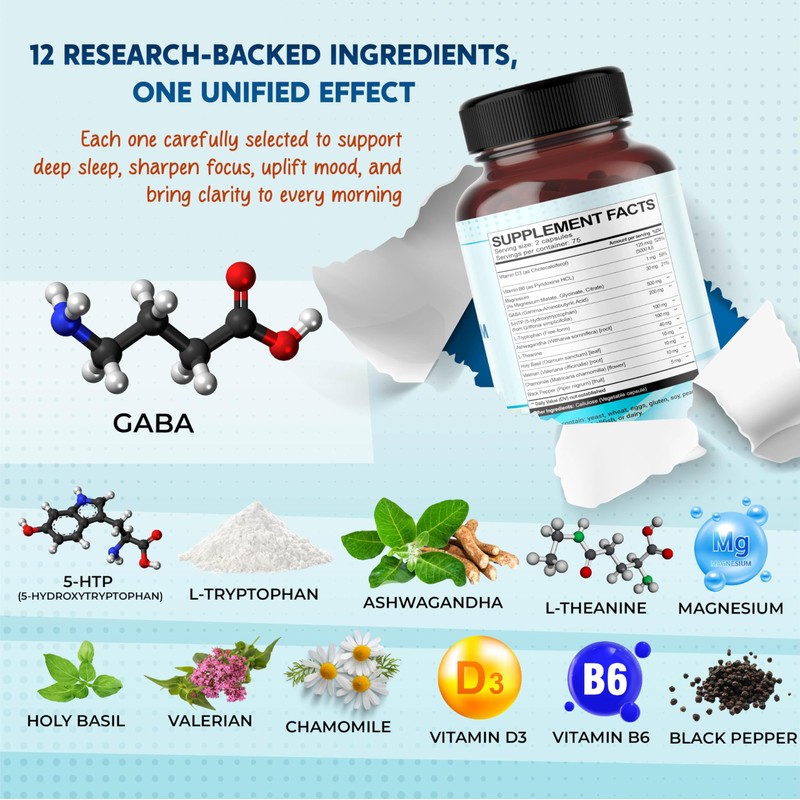 PEAKPURY GABA, 5-HTP L-Tryptophan Ashwagandha Chamomile L-Theanine Magnesium