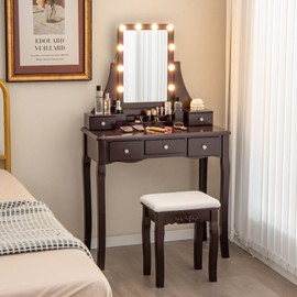 CHARMAID Vanity Desk with Mirror and Lights, Makeup Vanity Table with 5 Storage Drawers, 3 Color Lighting Modes, Adjustable Brightness, Modern Bedroom Dressing Table with Vanity Stool, Espresso