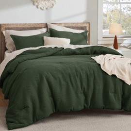 Bedsure Waffle Comforter Set King, Olive Green Cotton Bedding Set for All Seasons, Waffle Weave Bed Set, 3 Pieces, 1 Comforter (104"x90") and 2 Pillow Shams, Premium Cotton Cover with Polyester Fill