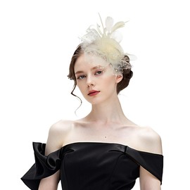 SHUERIET Fascinators Hat Flower Mesh Veil Ribbons Feathers on a Headband and a Clip Tea Party Headwear for Women (a01-Beige)