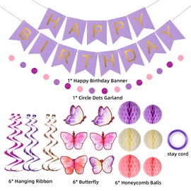 Butterflies Birthday Decorations,Purple Happy Birthday Banner with Honeycomb Ball,Butterflies Hanging Swirl Streamer, Circle Dot Garland Decoration, Birthday Party Decoration for Women Girls Children