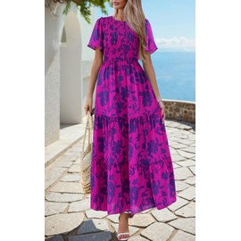 PRETTYGARDEN Flutter Sleeve Floral Summer Dresses for Women 2025 Casual Crewneck Smocked Top Flowy Tiered Maxi Dress (Floral Purple, Small)