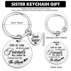 Roowest 6 Pieces Sister Keychain Gift from Sister, Side by Side or Miles Apart Friends Will Always Be Connected by the Heart Keychain for Women Friend Birthday Graduation Jewelry Gifts