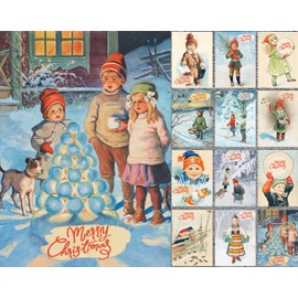 PIXILUV CHRISTMAS Greetings Cards 12 Notecards ~ Kids Having in the Snow ~ Vintage Postcards Reprint