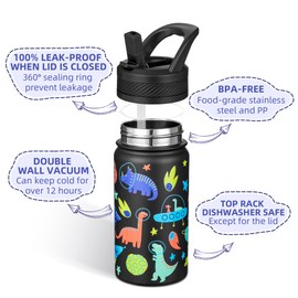 Fanhaw 420 ml Kids Insulated Water Bottle with Straw - Stainless Steel Double Wall Vacuum Cup, Leakproof, BPA Free, Suitable for Boys and Girls(Black - Space Dinasour)