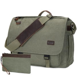 Nerlion Messenger Bag for Men 17-17.3 Inch Laptop Bag Canvas Water-resistant Computer Bag Shoulder Bag Work Briefcase Bookbag for College - Color: green