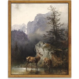 KBKBART Framed Canvas Wall Art, Vintage Wall Decor Rustic Deer Painting Cabin Decor, Vintage Landscape Mountain North Prints for Bedroom, Farmhouse Country Wall Decor for Living Room, Office (8"x10")