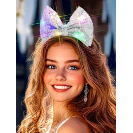 Yokawe Light Up Bow Headband Red Sequins Bowknot Flashing Costume Hair Accessory for Women (Silver)