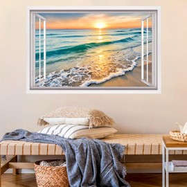 ANHUIB 3D Fake Window Wall Sticker Seaside Sunset Wall Stickers Seaside Landscape Wall Stickers 3D Sea View Wall Art for Living Room Mural Decals for Bedroom Bathroom Removable Seascape Decals 84×52cm