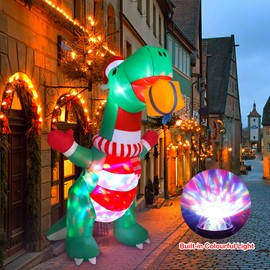 8FT Christmas Inflatables Outdoor Decorations, Christmas Inflatable Dinosaur Blow Up Yard Decoration with Christmas Hat & Gift Box, Built-in LED Lights for Holiday Garden Patio Lawn Party