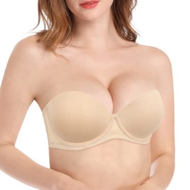 Vgplay Strapless Padded Push Up Bras with Clear Convertible Straps Underwire Demi Multiway Brassiere, Beige 36C
