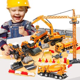 ZUKULIFE Engineering Construction Vehicles and Construction Site Set with Storage Container, 6 Vehicles - Tower Crane, Cement Truck, Excavator, Road Roller, Dump Truck and Fuel Carrier