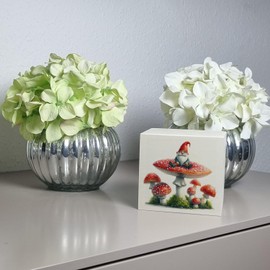 Garden Gnome on a Toadstool Wooden Money Box Garden Figure Gnome on Mushroom Red White Statue Decorative Wooden Money Box for Garden Fan or Saving