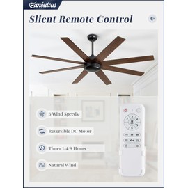 Fanbulous 65 Inch Ceiling Fans No Light with Remote, Black Indoor/Outdoor Ceiling Fan Without Light with Quiet Reversible DC Motor, 6 Speeds, 8 Blades Large Ceiling Fan for Living Room Bedroom Patio