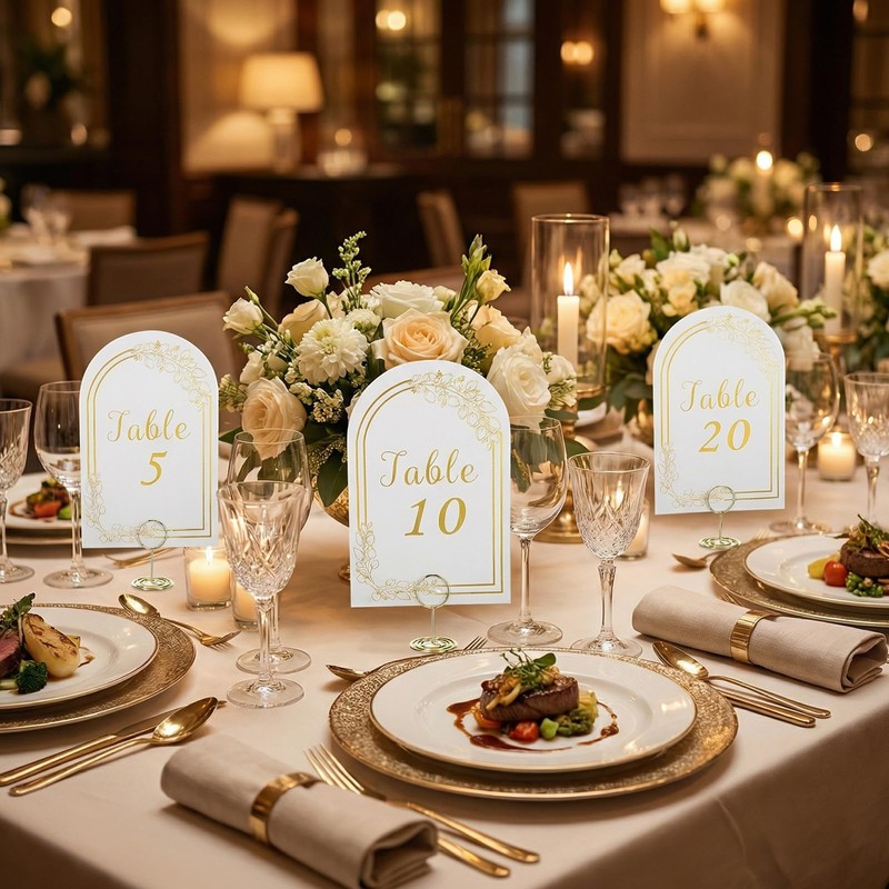 4x6 Inch Wedding Table Numbers 1-20 with Gold Holders (White)