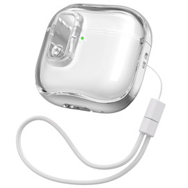 RFUNGUANGO (with Safety Lock) Transparent Protective case for Airpods 4th Generation, Soft TPU Transparent Airpods 4 Protective case - with Cleaning kit, White Lanyard, Silver