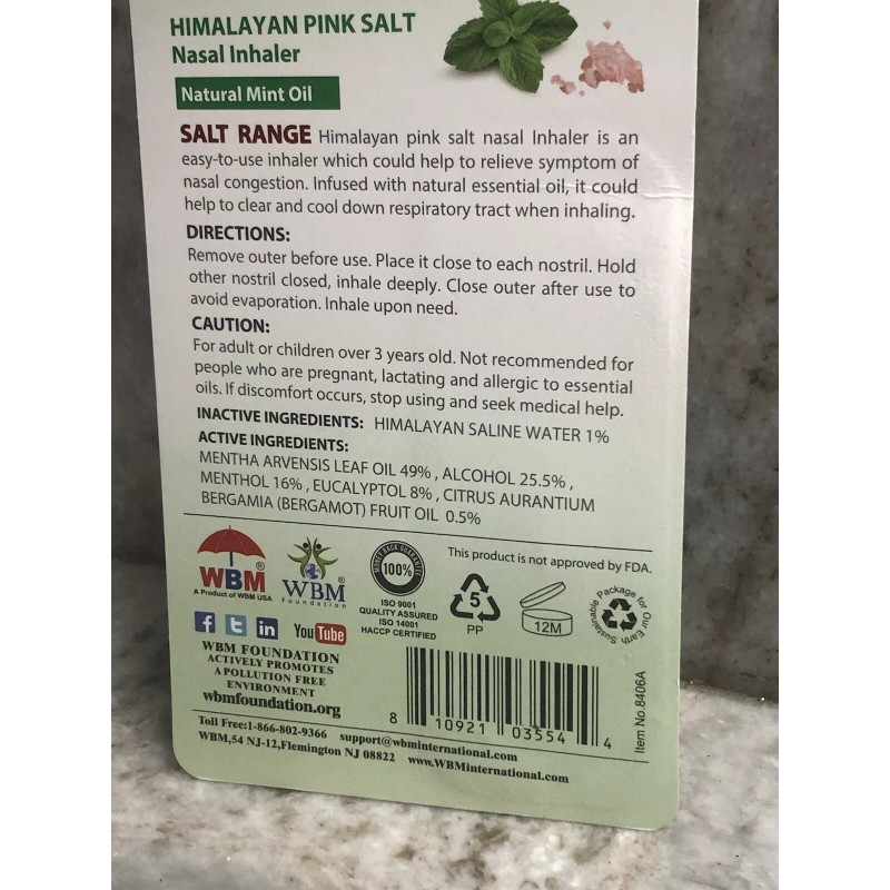 Salt Range Natural Mint Oil/Himalayan Pink Salt Nasal Inhaler. 0.07
