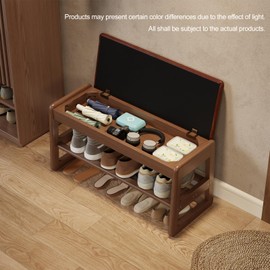 Shoe Rack Bench with Leather Cushion,2 Tiers Shoe Bench with Flip-Top Storage,Wood Shoe Rackh for Entryway,Hallway（Orange,31.5"）