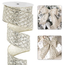 LIZLOVESS Light Champagne Christmas Ribbon 2.5" Glitter Mesh Wired Ribbon for Christmas Tree Platinum Gold Diamond Honeycomb Ribbon for Gift Wrapping, Crafts, Wreath, Garland, Topper Bows - 10 Yards