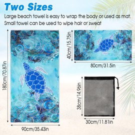 NZZVNZ 2 Pack Microfibre Beach Towels, 180x90cm Oversized Quick Drying Beach Towel 80x40cm Lightweight Towels, Sandproof Beach Towel with Storage Bag for Beach Swimming Camping Gym (Turtle)