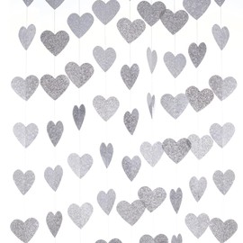 Silver Glitter Heart Paper Garland Circle Love Hearts Hanging Decoration for Valentine's Day Wedding Birthday Party, 2'' in Diameter, 4 Strands