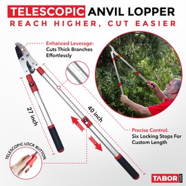 TABOR TOOLS GG22A Telescopic Extendable Anvil Lopper with Compound Action, 27-40 Inch Telescopic Tree Trimmer, Long Handled Branch Cutter with ⌀ 2 Inch Cut Capacity, Chops Thick Branches with Ease.