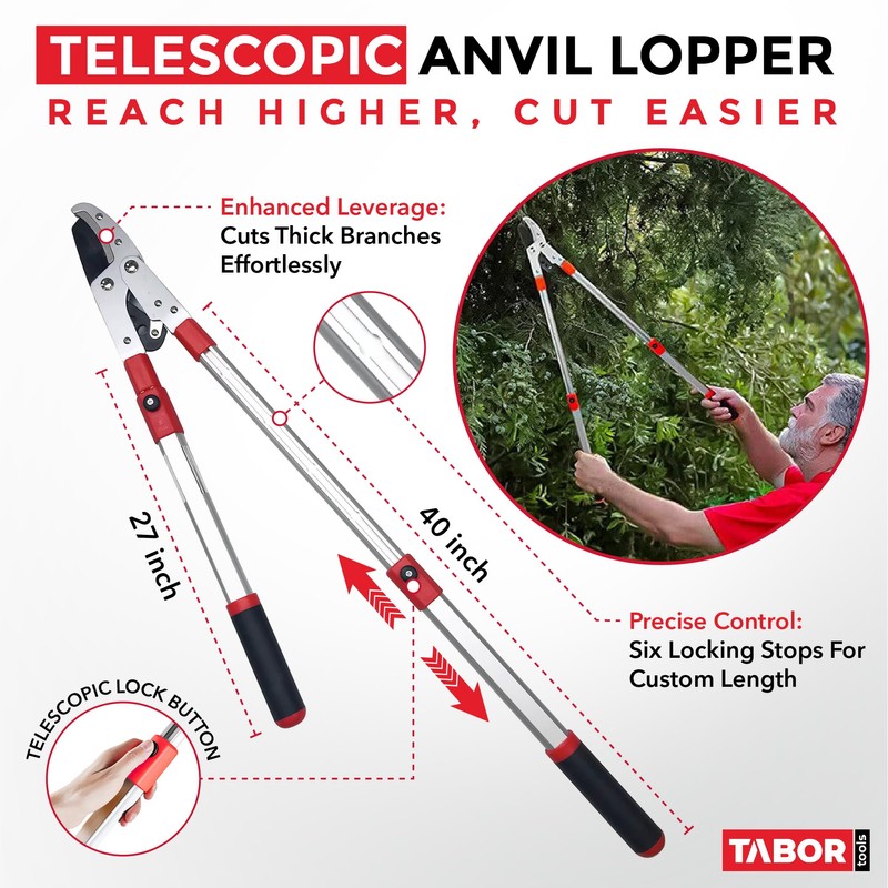 TABOR TOOLS GG22A Telescopic Extendable Anvil Lopper with Compound Action,