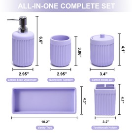 XLHOMO Resin Light Purple Bathroom Accessories Set 5 Pcs, Lotion Soap Dispenser, Toothbrush Holder, Bathroom Tumbler, Qtip Holder and Vanity Tray, Bathroom Countertop Organizer Set for Home Apartment