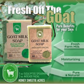 Honey Sweetie Acres Fresh of the Goat Face and Body Soap Bundle – 3 oz Avocado Facial Bar + 5 oz Hydrating Eucalyptus Spearmint Goat Milk Soap – Handcrafted and Made in USA