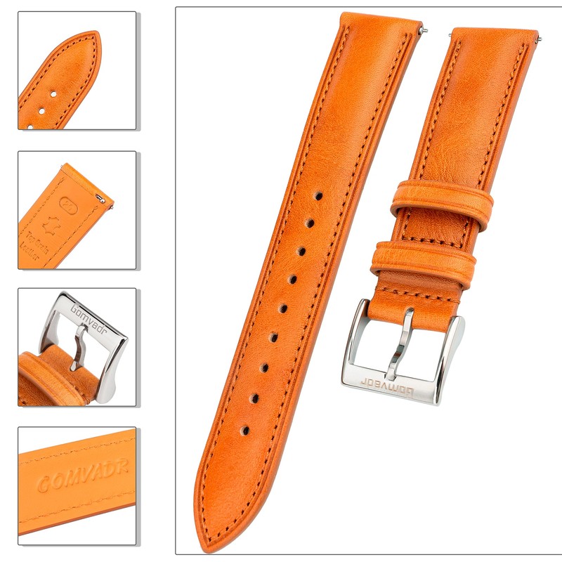 Gomvadr Quick Release Leather Watch Band, Tan/Silver Buckle, 22mm