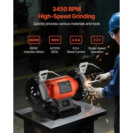 VEVOR Bench Grinder, 6-inch Single Speed Bench Grinder, 3450RPM High-Speed Table Grinders with 450W 3.8A Induction Motor, 36/60-Grit Grinding Wheel & Adjustable Eye Shield for Fast Sharpening Grinding