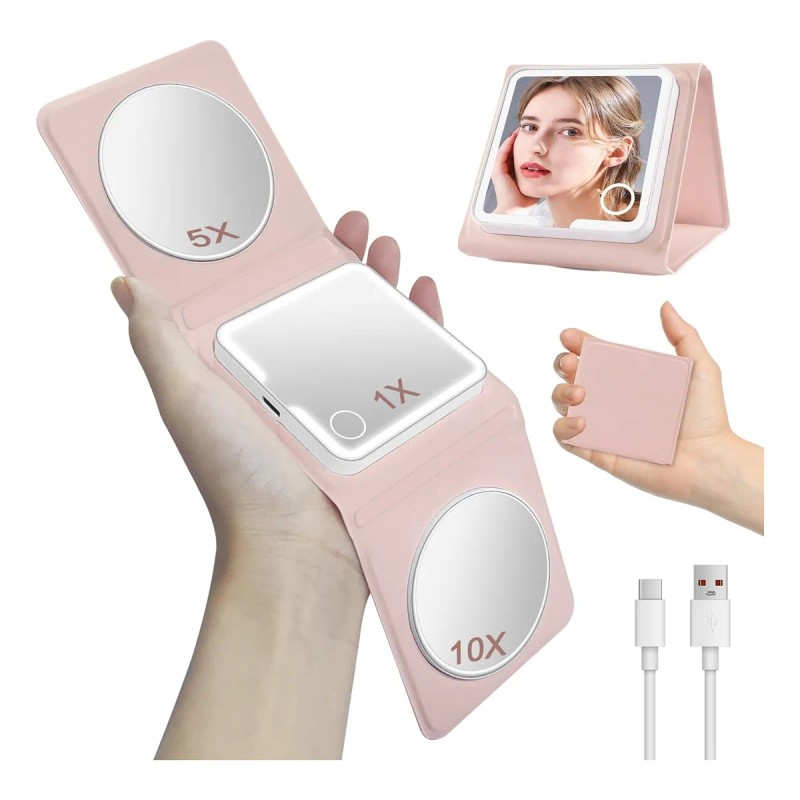 Recargable Espejo De Maquillaje Luz Tríptica Aumento 5x/10x